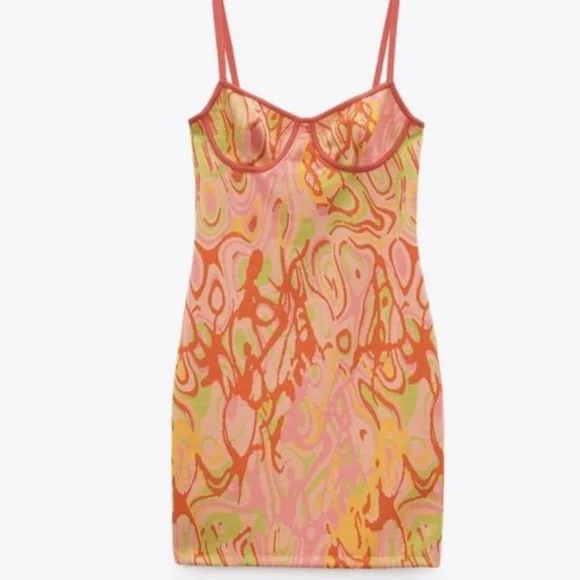ZARA Pink Orange Abstract Slip Mini Dress Y2K Psychedelic Bodycon Festival - M - Picture 2 of 12